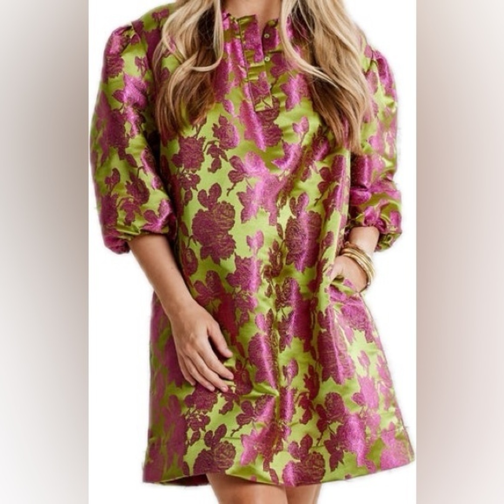 Caryn Lawn Asher Jacquard Dress in chartreuse and pink OS